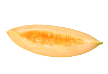 Photo of Slice of tasty ripe melon on white background, top view