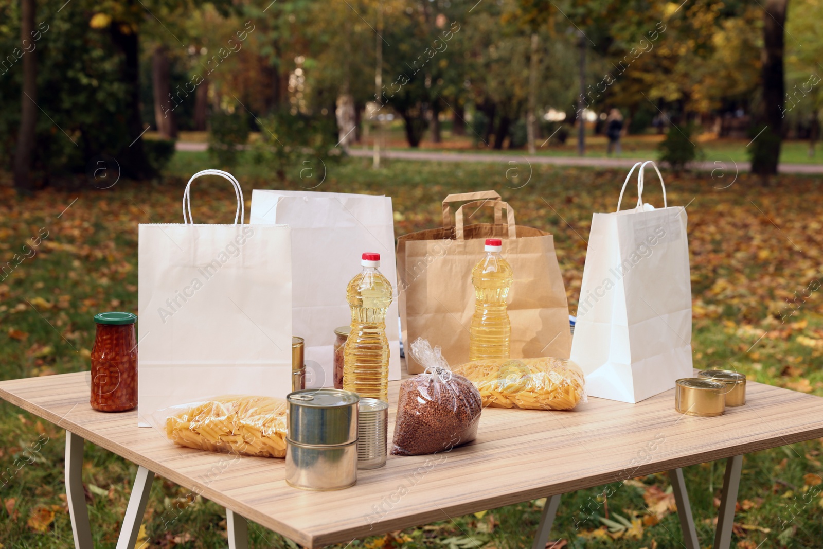 Photo of Volunteering. Different food products and paper bags on table in park