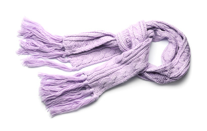 Photo of Violet knitted scarf isolated on white, top view