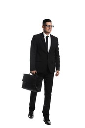 Businessman with stylish leather briefcase on white background