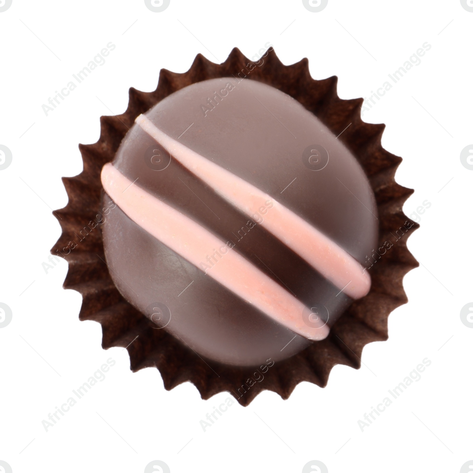 Photo of Delicious sweet chocolate truffle isolated on white, top view