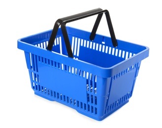 Photo of Color plastic shopping basket on white background