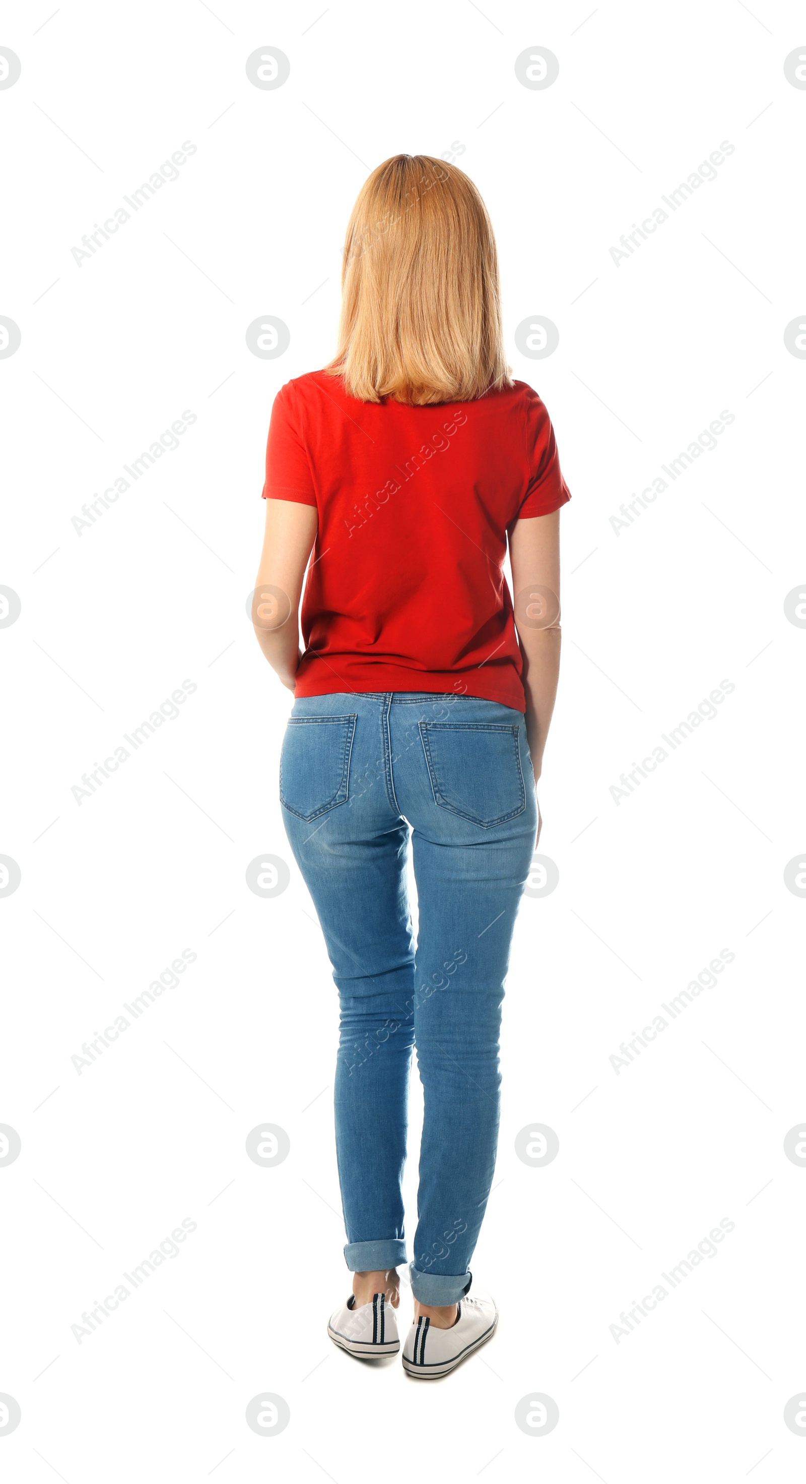 Photo of Woman in casual clothes posing on white background