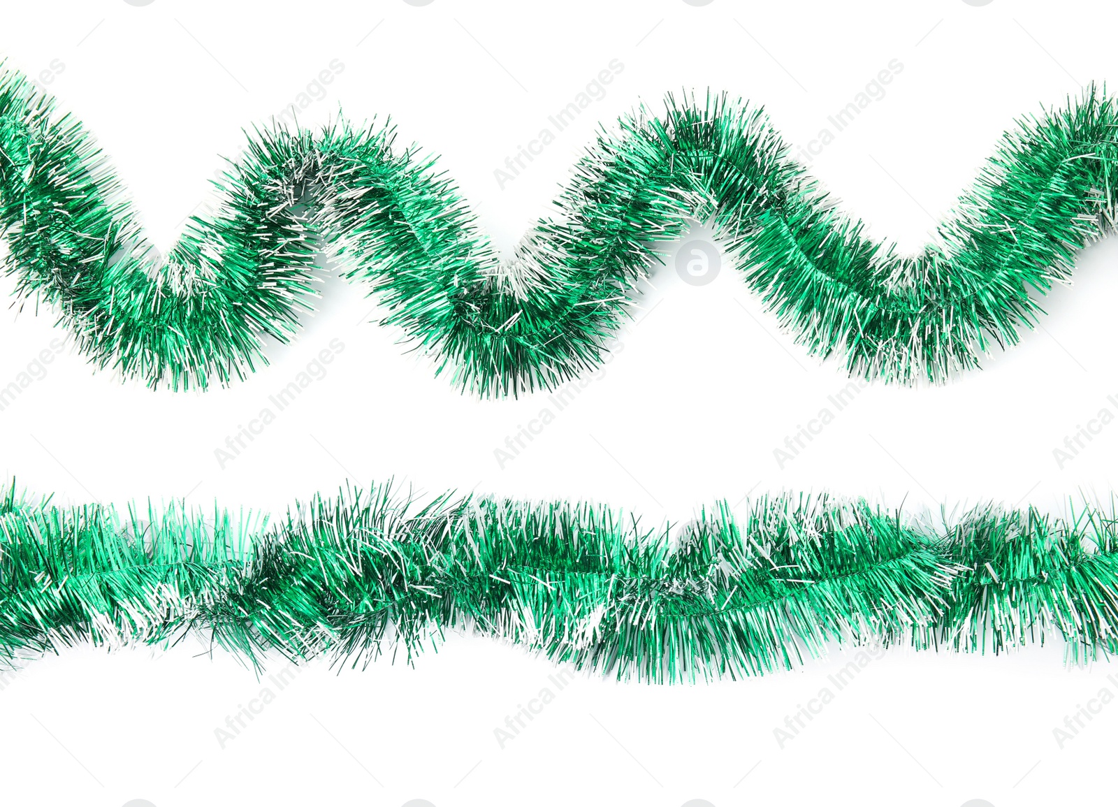 Image of Shiny green tinsels on white background, collage. Christmas decoration