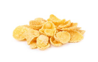 Photo of Pile of tasty cornflakes on white background, closeup. Healthy breakfast cereal
