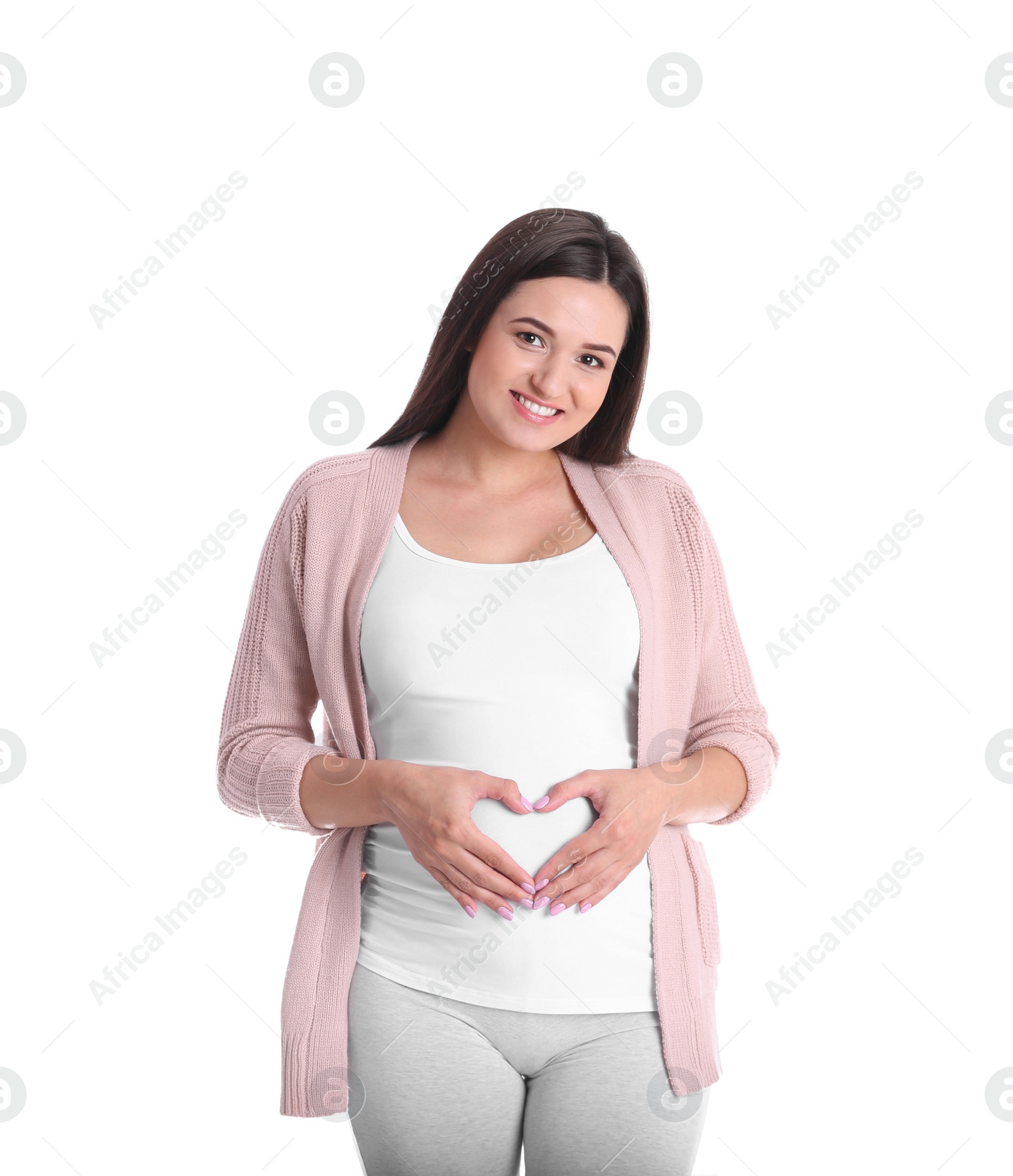 Photo of Beautiful pregnant young woman on white background