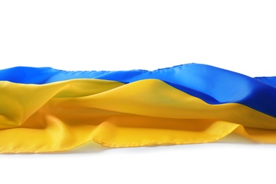 Photo of National flag of Ukraine on white background, closeup