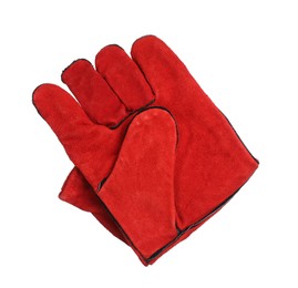 Photo of Red protective gloves isolated on white. Safety equipment