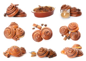 Image of Set with freshly baked cinnamon rolls on white background