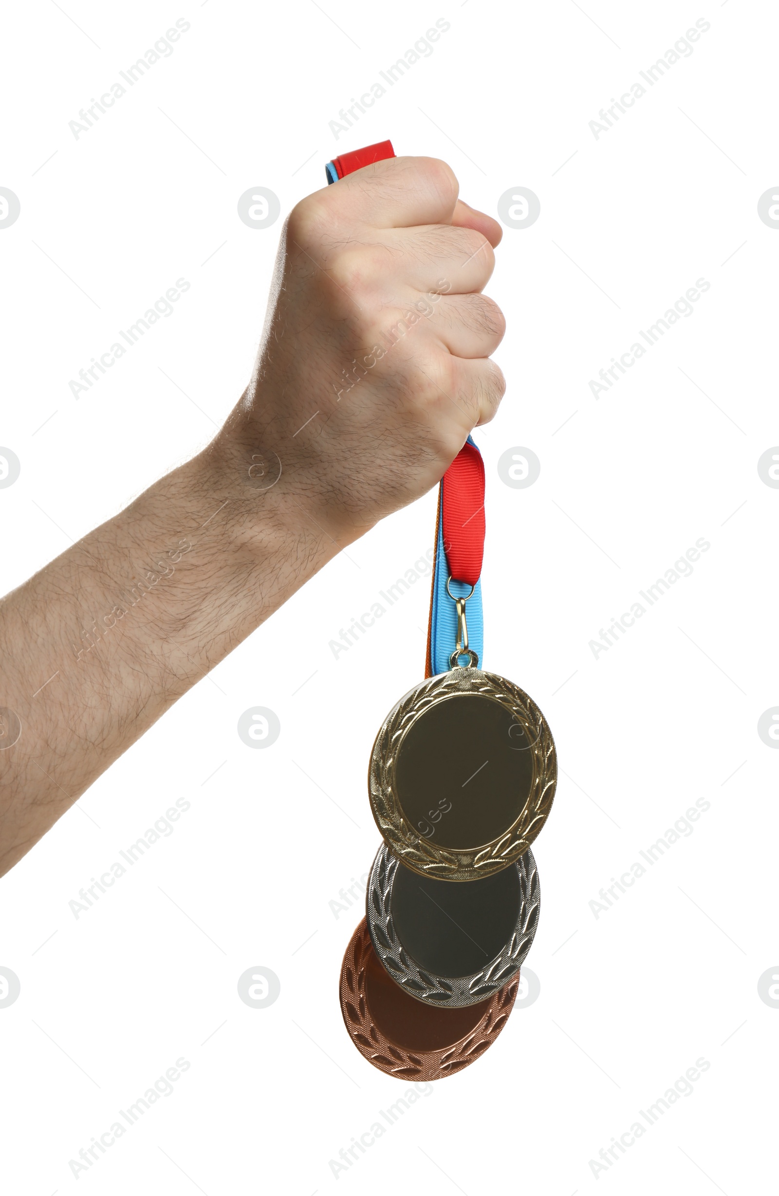 Photo of Man holding medals on white background, closeup. Space for design