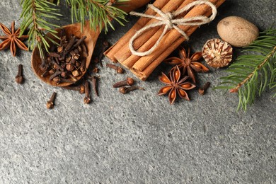 Photo of Wooden spoon with different spices, nuts and fir branches on gray textured table, flat lay. Space for text
