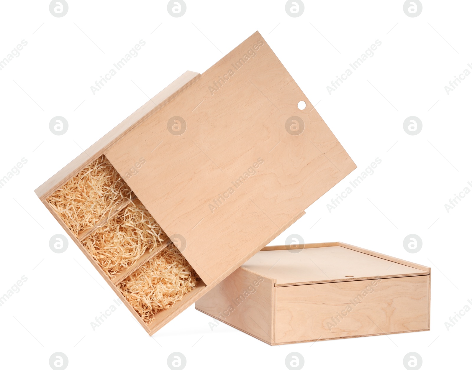 Photo of Wooden gift boxes for wine isolated on white