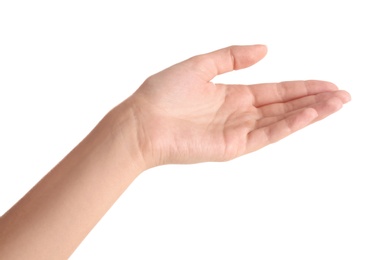 Photo of Abstract young woman's hand on white background