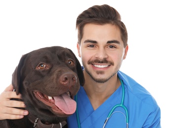 Photo of Veterinarian doc with dog on white background