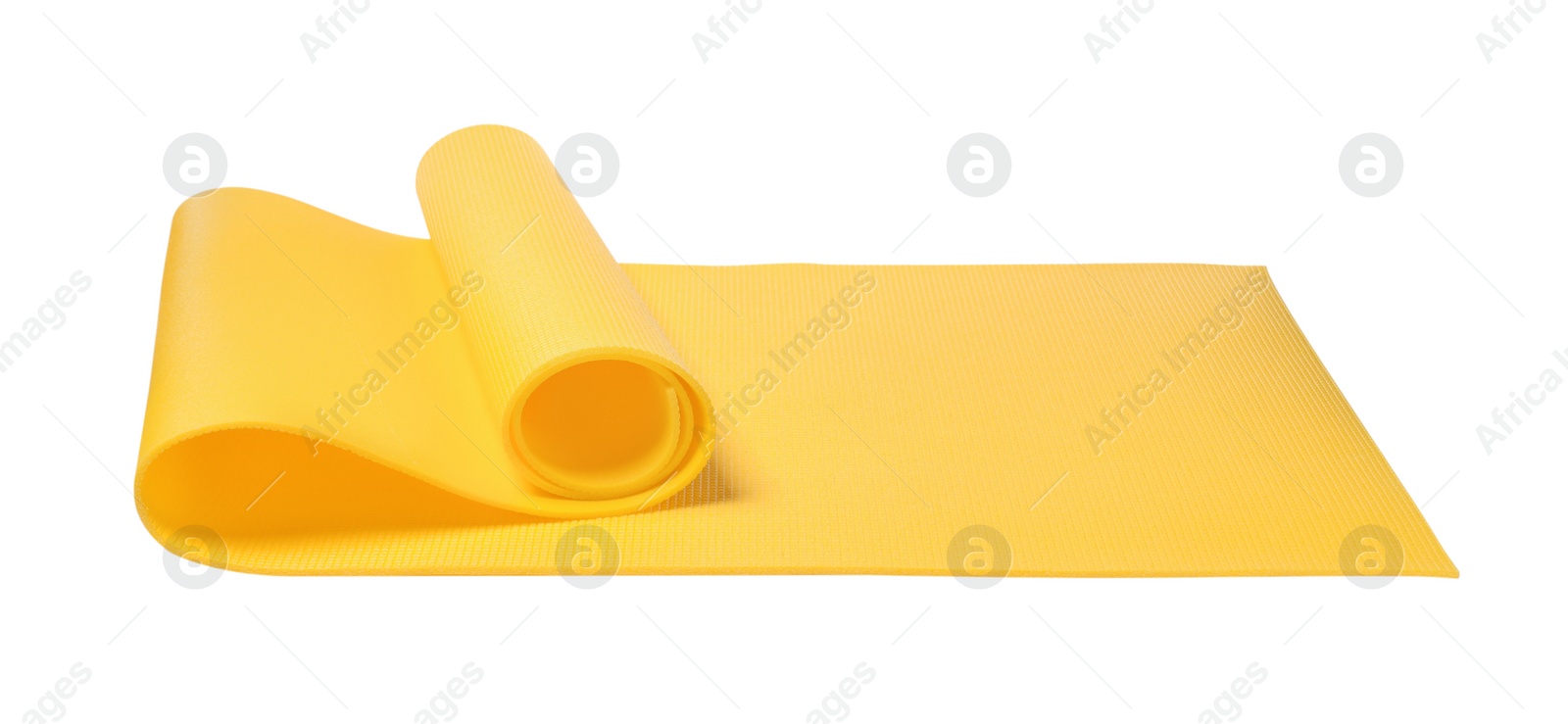 Photo of Bright yellow camping mat isolated on white