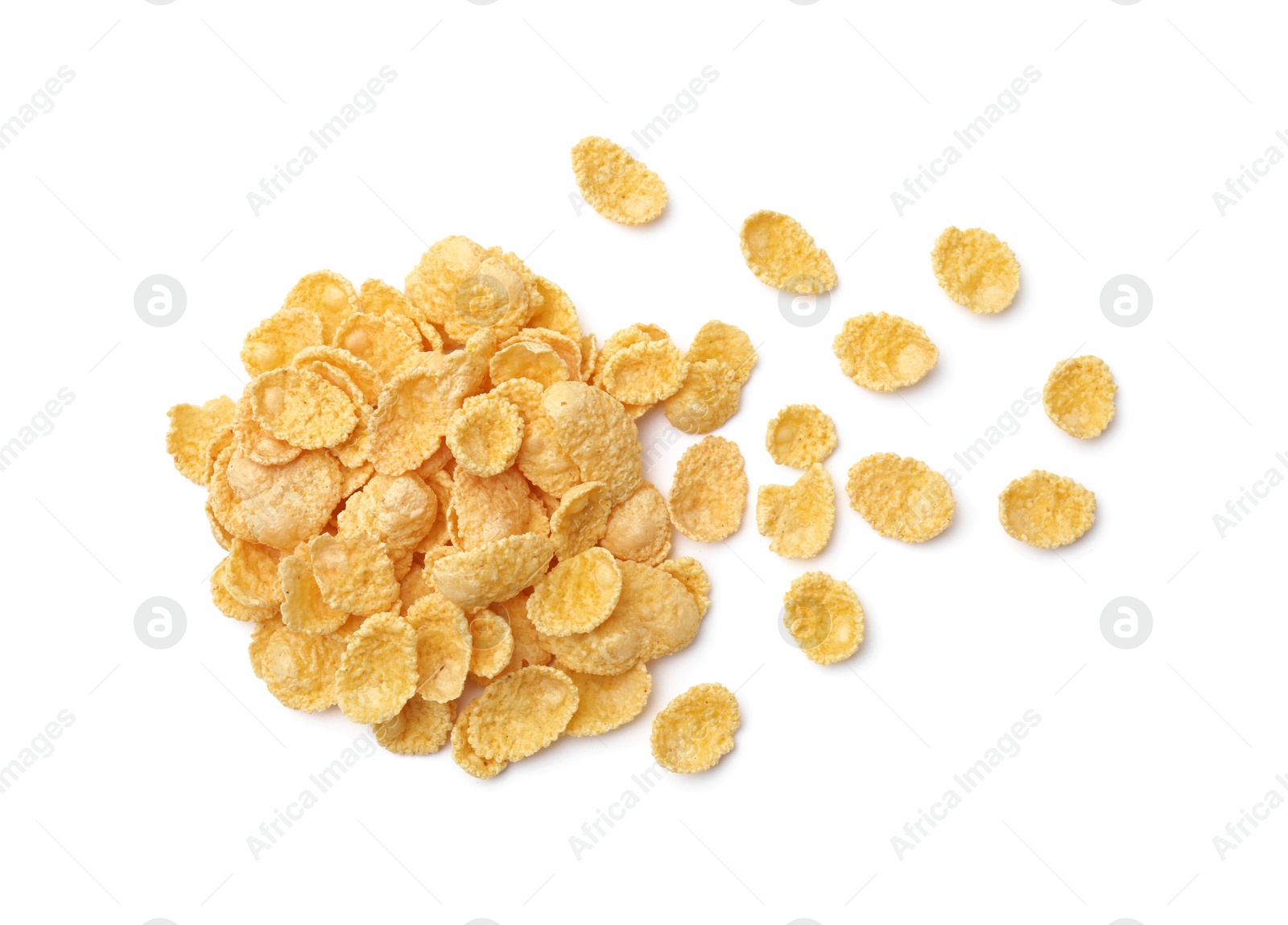 Photo of Breakfast cereal. Tasty sweet corn flakes isolated on white, top view