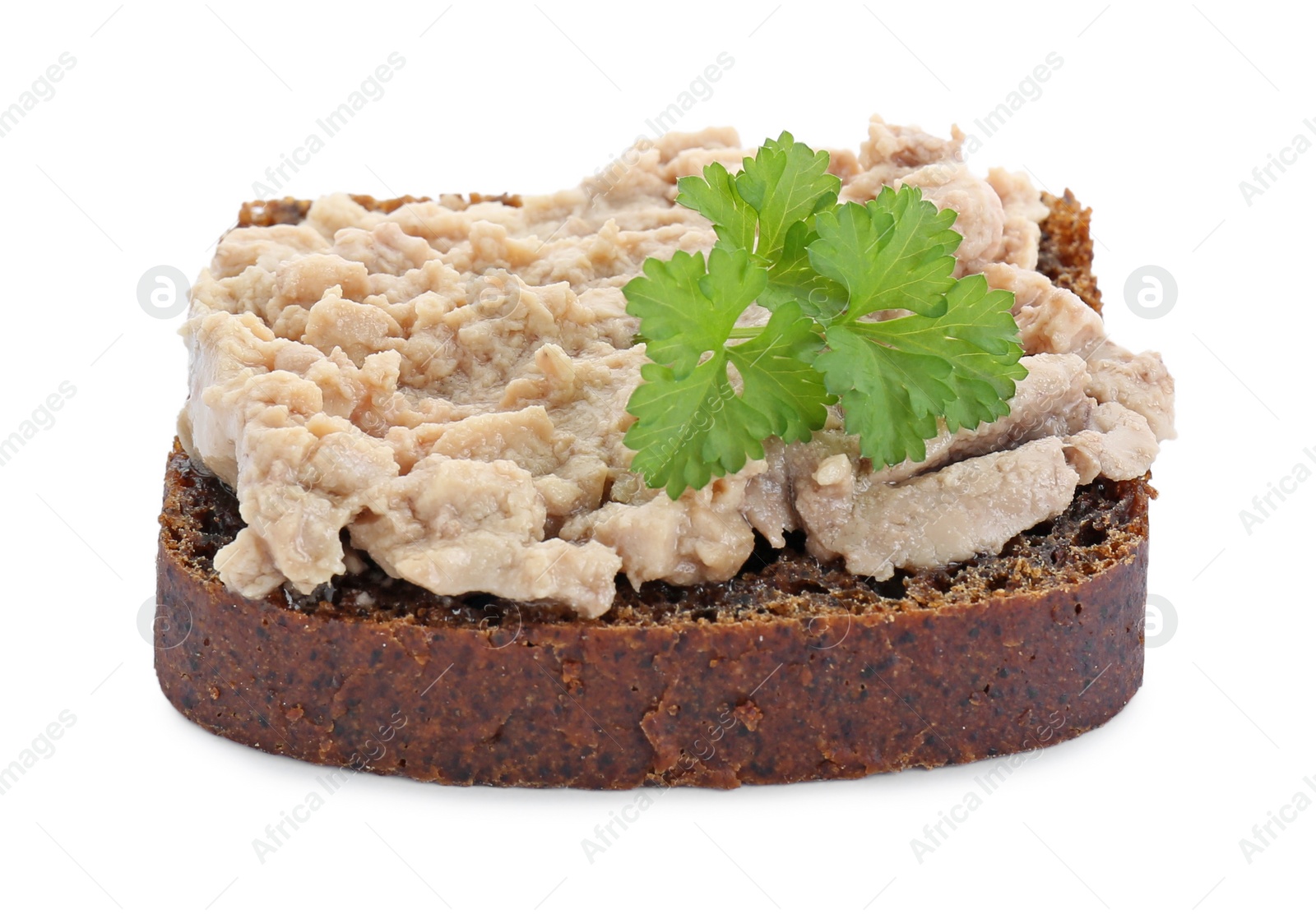 Photo of Tasty sandwich with cod liver and parsley isolated on white