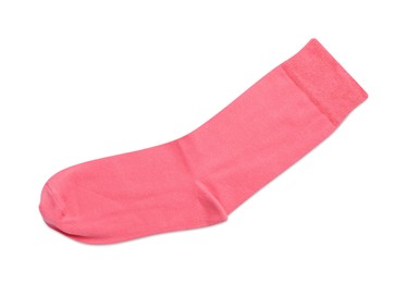 Photo of New pink sock isolated on white, top view