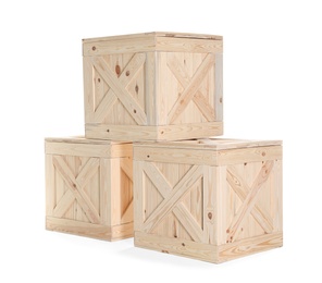 Photo of Group of wooden crates isolated on white