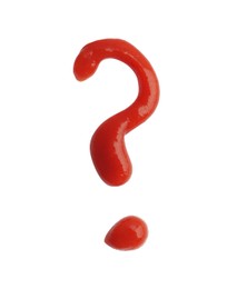 Photo of Question mark drawn by ketchup on white background