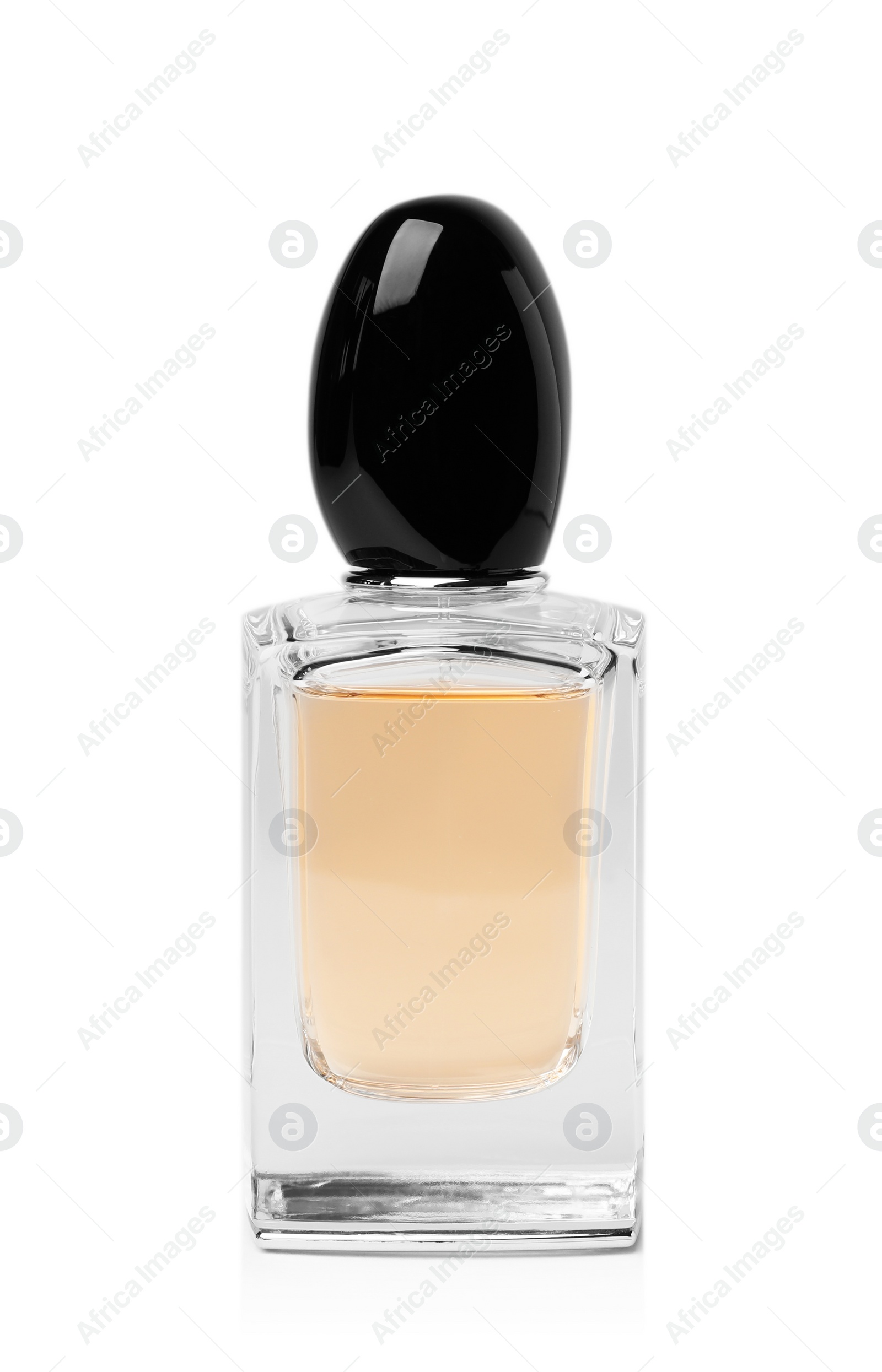 Photo of Transparent bottle of perfume on white background