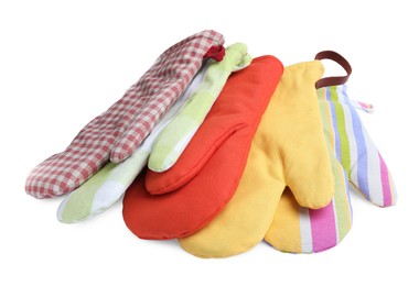 Photo of Set of oven gloves for hot dishes on white background