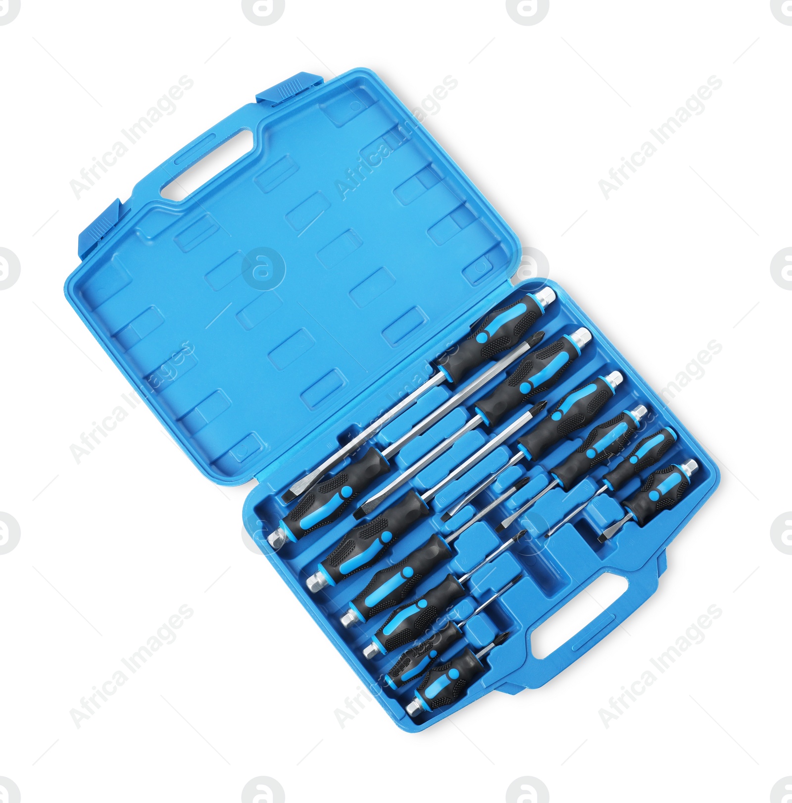 Photo of Set of screwdrivers in open toolbox isolated on white, top view