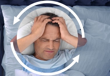 Image of Mature man suffering from insomnia in bed, top view. Problem of sleep deprivation