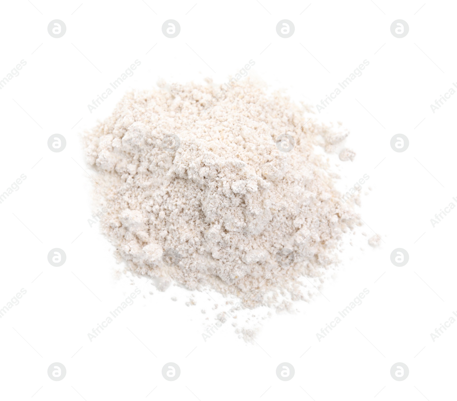 Photo of Pile of oatmeal flour isolated on white, top view