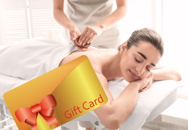 Image of Spa salon gift card. Happy young woman having body scrubbing procedure 