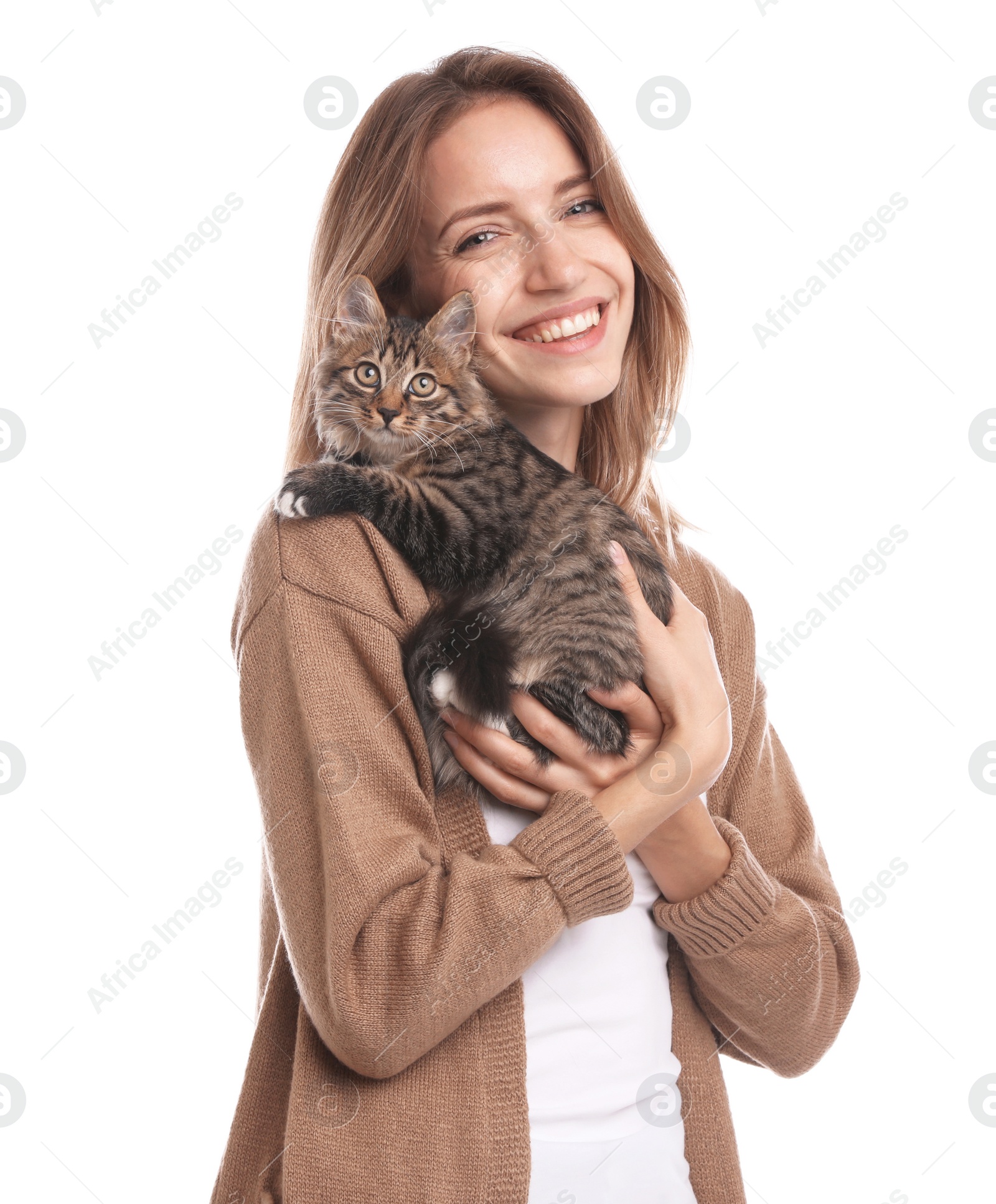 Photo of Young woman with cat on white background. Owner and pet