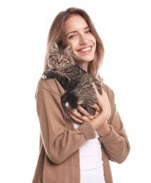 Photo of Young woman with cat on white background. Owner and pet