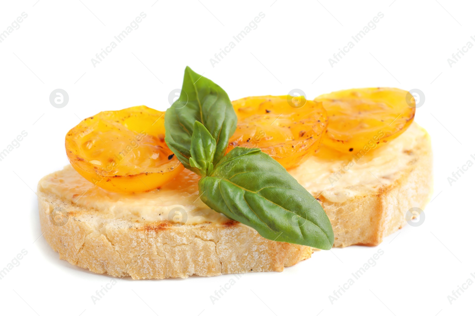 Photo of Delicious tomato bruschetta on white background. Traditional Italian antipasto