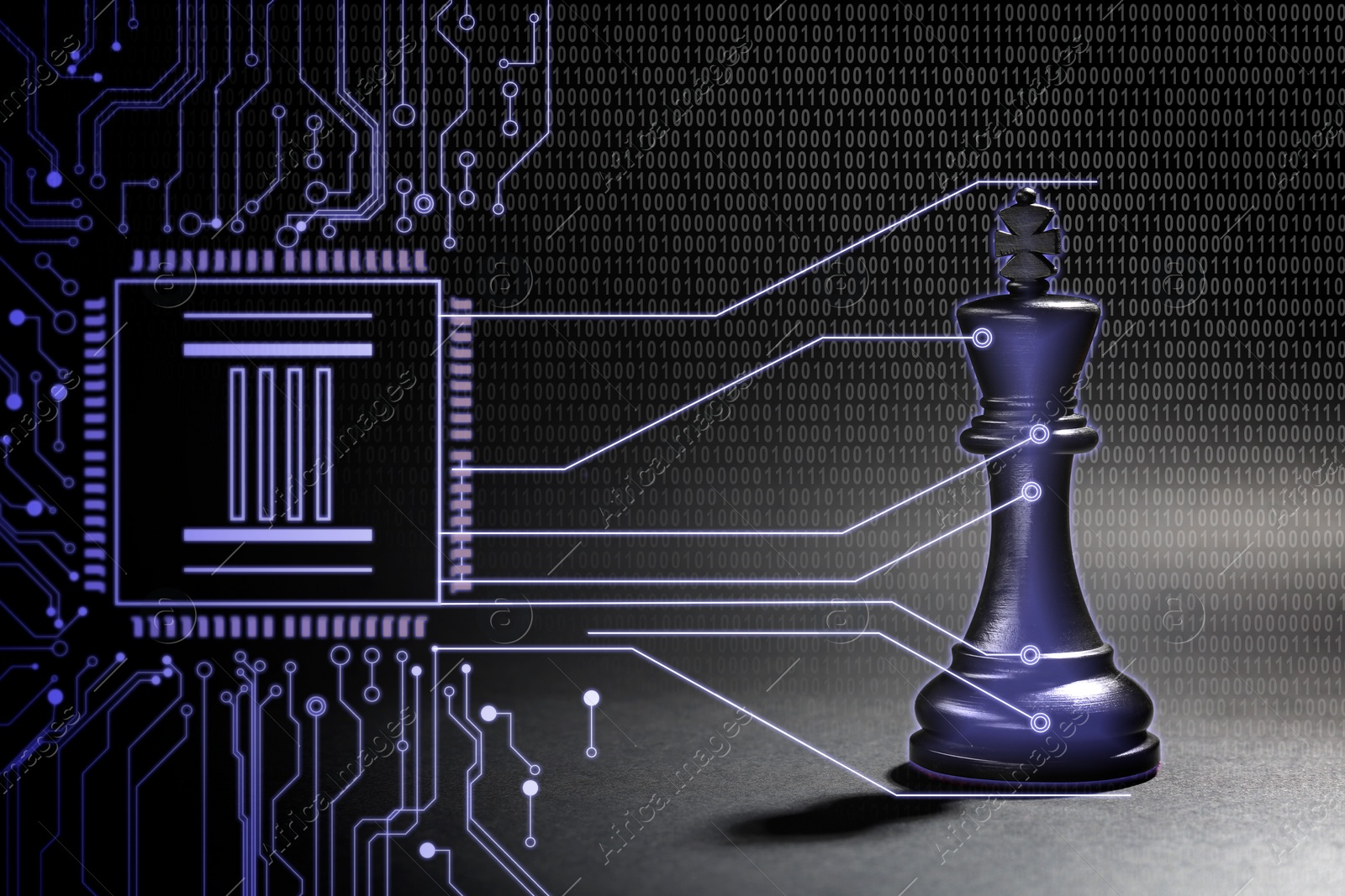 Image of Microchip on circuit board connected to chess piece against binary code