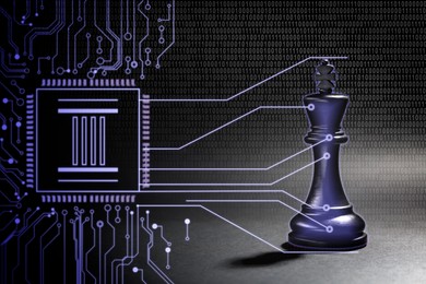 Microchip on circuit board connected to chess piece against binary code