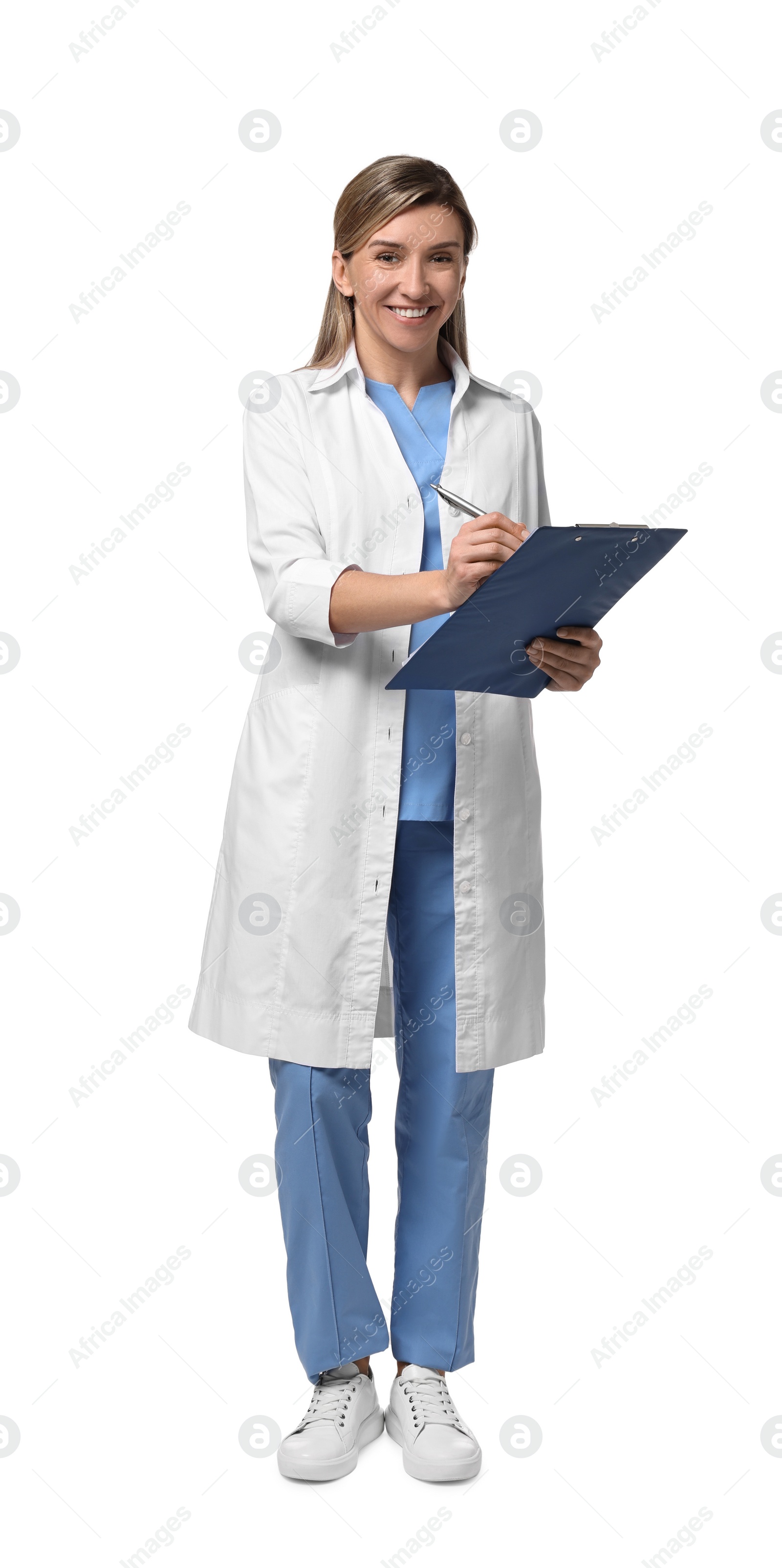 Photo of Portrait of happy doctor with clipboard on white background