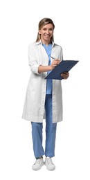 Portrait of happy doctor with clipboard on white background