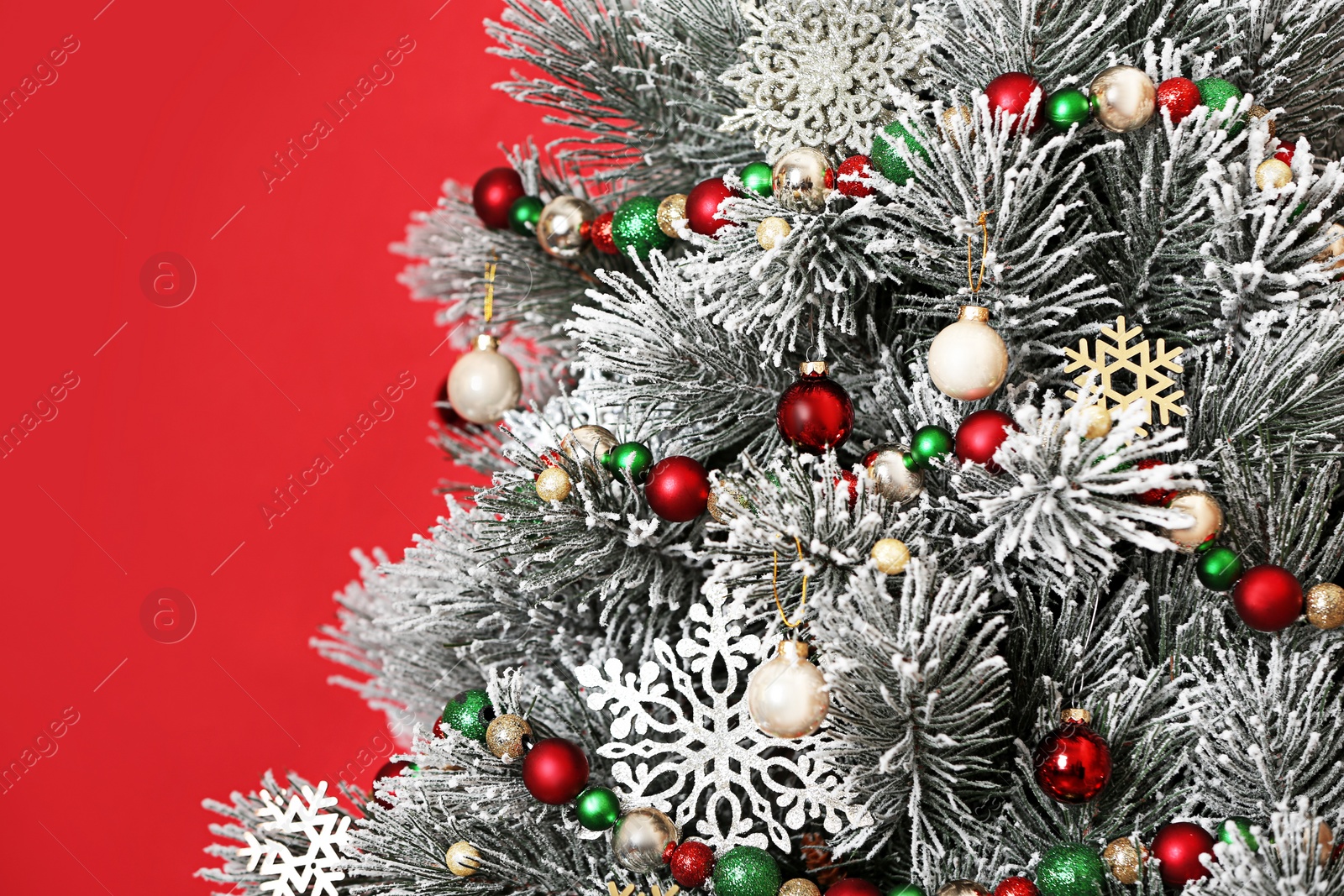 Photo of Beautiful Christmas tree with decor against red background, closeup