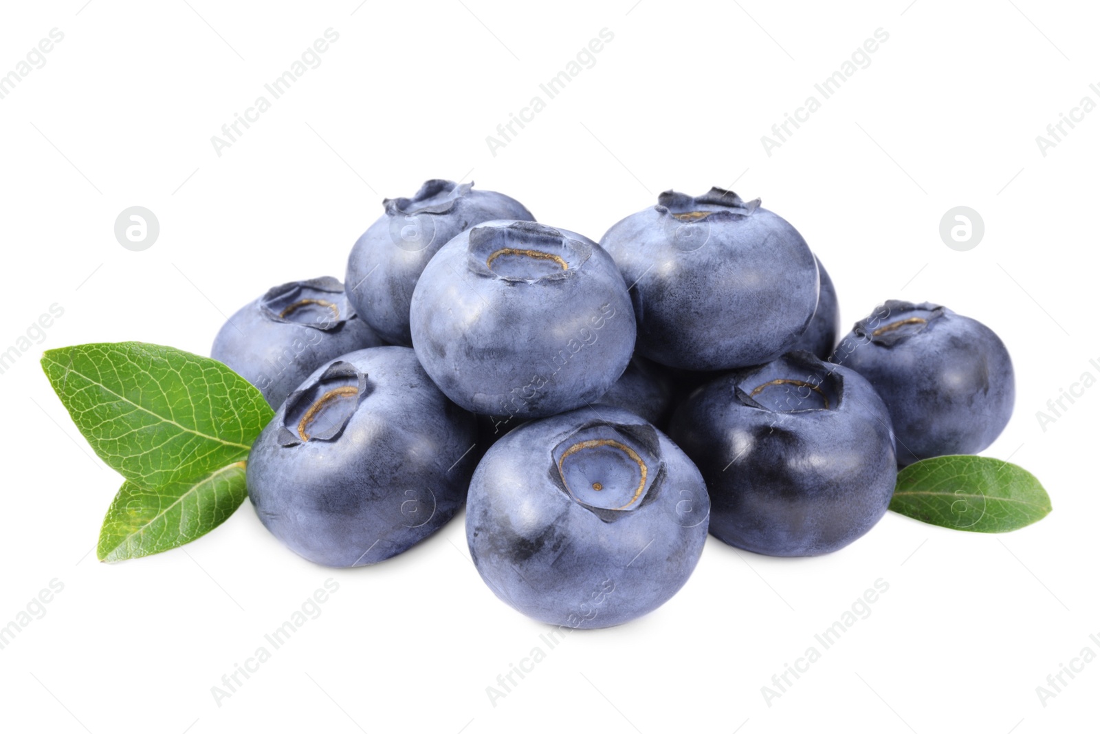 Photo of Pile of fresh ripe blueberries and leaves isolated on white