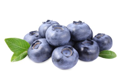 Pile of fresh ripe blueberries and leaves isolated on white