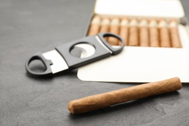 Photo of Cigars and guillotine cutter on black table