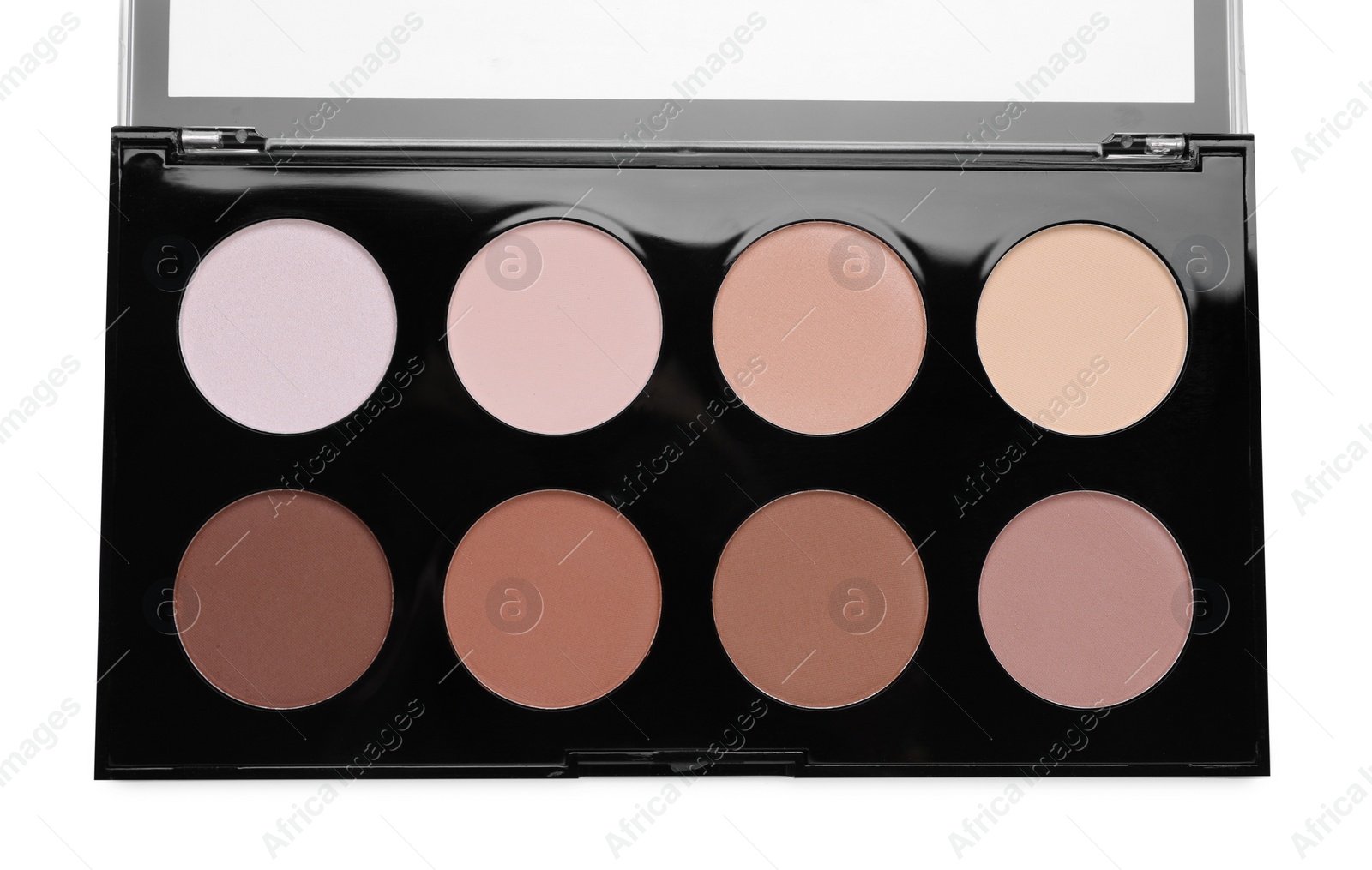 Photo of Colorful contouring palette on white background, top view. Professional cosmetic product