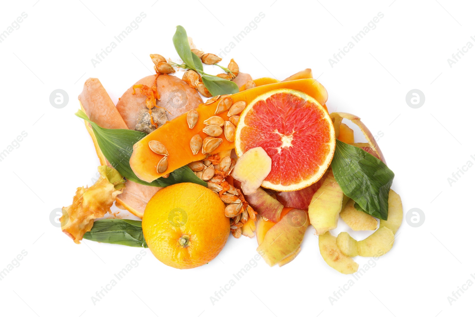 Photo of Pile of organic waste for composting on white background, top view