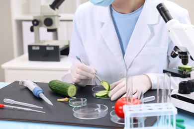 Photo of Quality control. Food inspector examining cucumber in laboratory, closeup