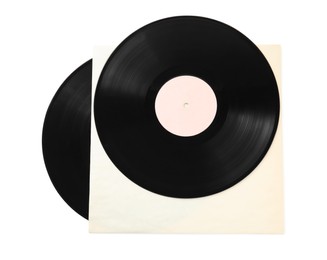 Photo of Vintage vinyl records on white background, top view