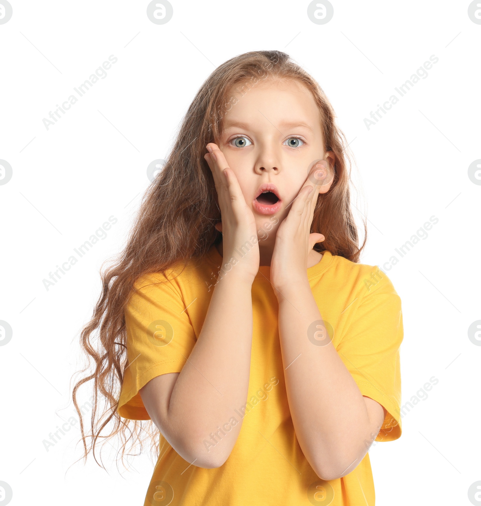 Photo of Portrait of emotional girl on white background