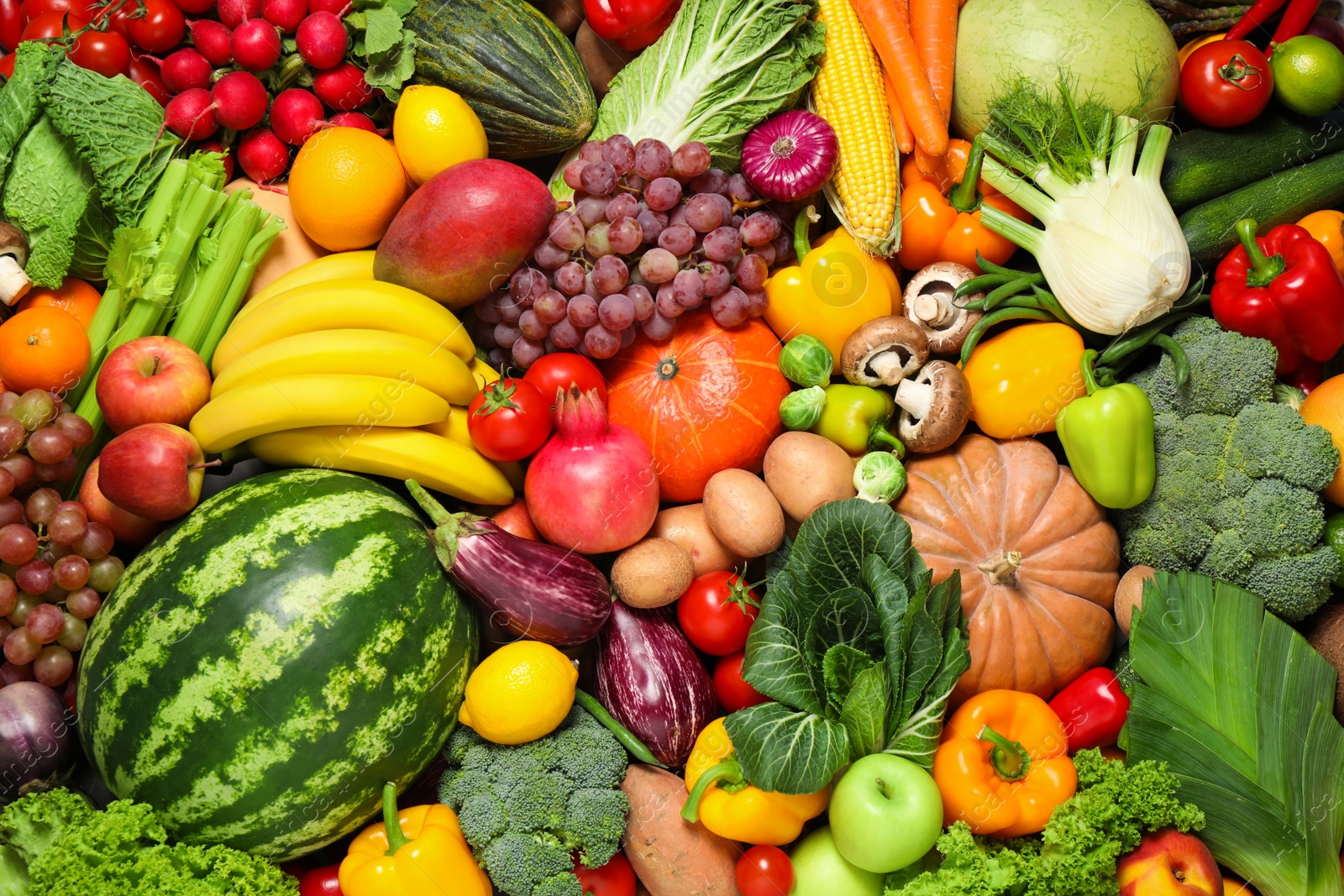 Photo of Assortment of organic fresh fruits and vegetables as background, closeup