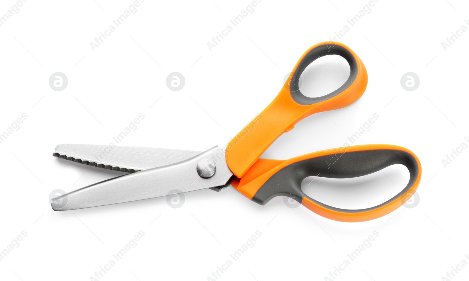 Photo of Pair of sharp sewing scissors on white background