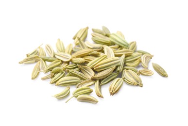 Pile of dry fennel seeds isolated on white