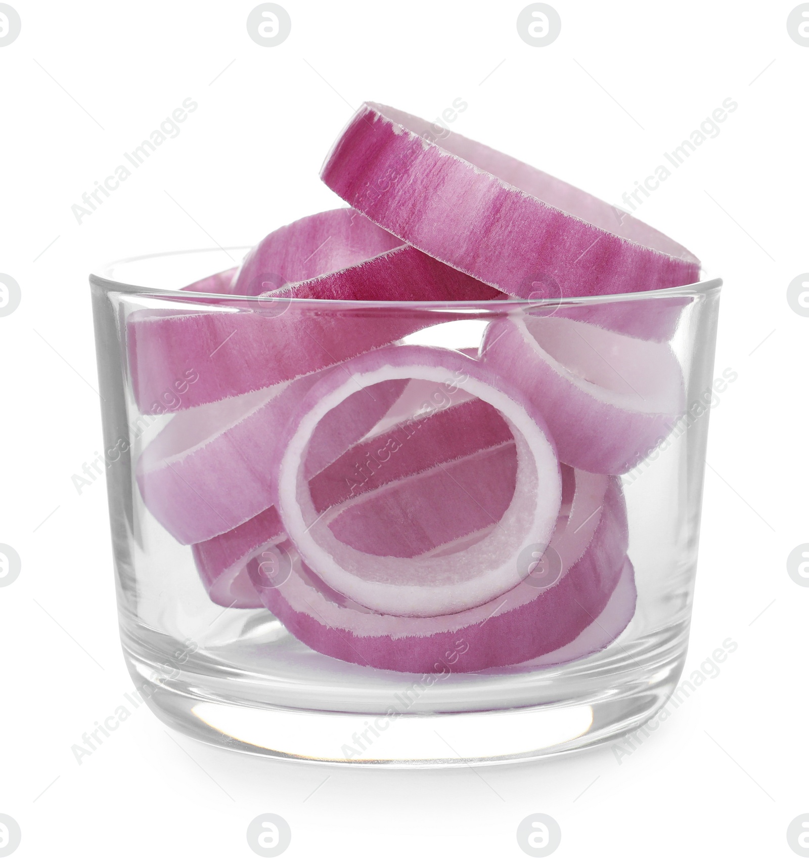 Photo of Raw red onion rings in glass bowl isolated on white